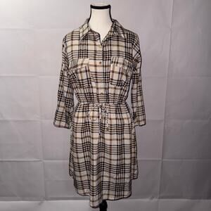 MPH Collection cream/brown Plaid Shirt Dress Women's Size Large